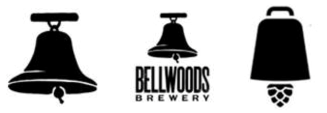 Black and white images of three marks. The left design is bell shaped. The center design shows a bell above the words "Bellwods Brewery". The right design shows a cowbell with a berry as the clapper.