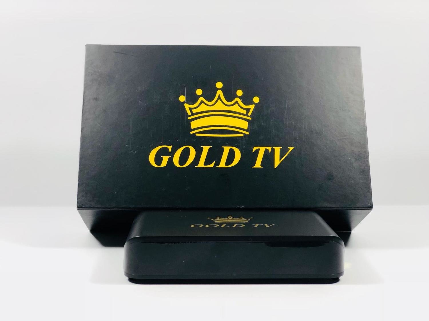 Black IPTV box with the GOLD TV logo in yellow
