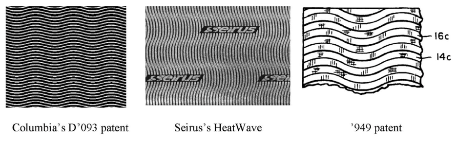 Left: pattern of horizontal alternating black and white lines. Middle: pattern of vertical alternating black and gray lines overlayed with the word "Seirus". Right: Black and white line drawing of horizontal wave pattern.