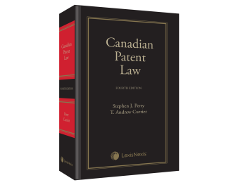 Black textbook with red spine. The title "Canadian Patent Law" is written on the cover in gold.