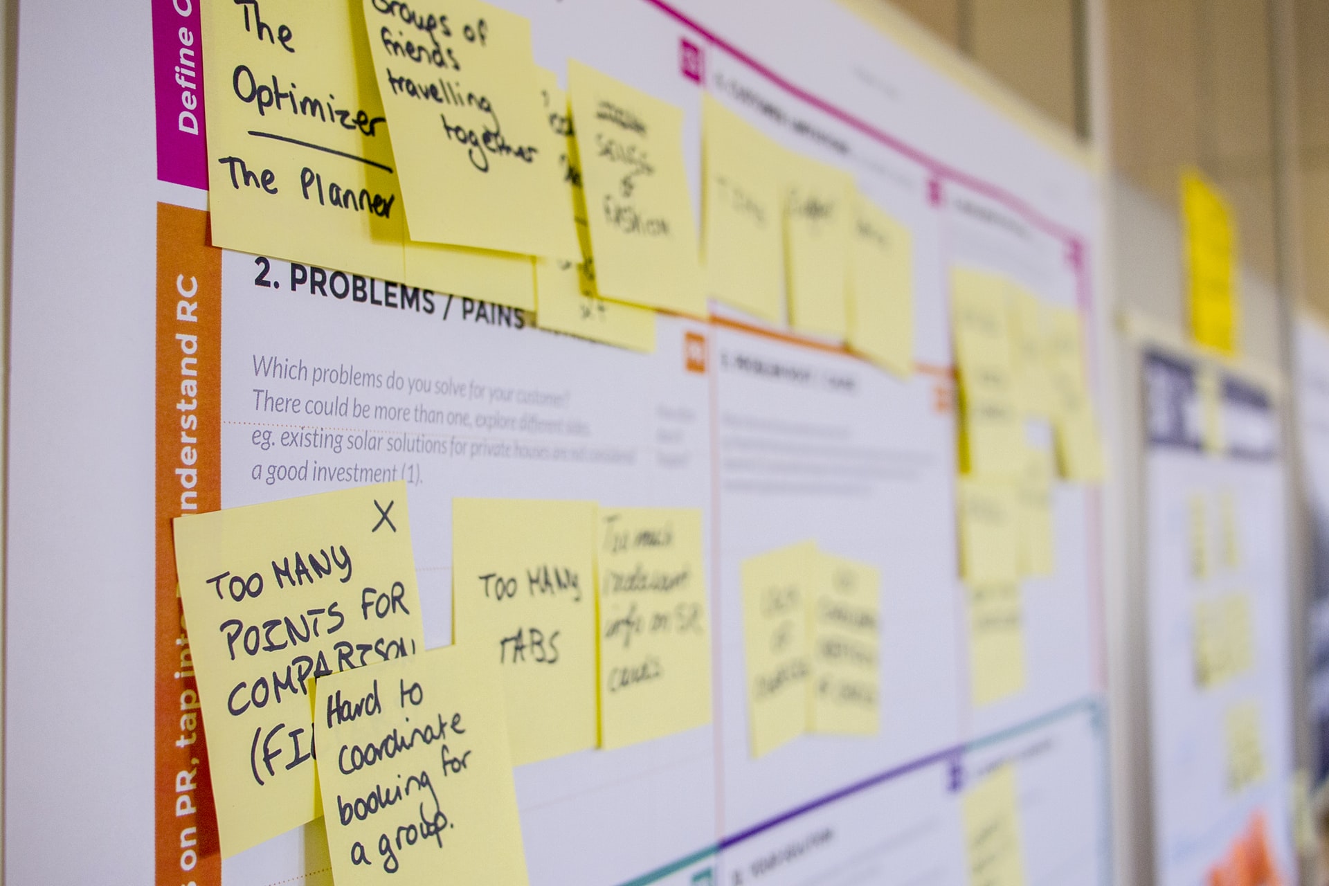 Photo of a project planning board covered in yellow sticky notes.