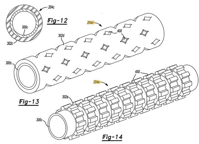 Figures 12-14 from US Patent No. 7,774,911, depicting possible physical structures for a liner of a driveshaft. 