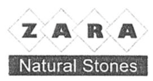 Black and white image of the Zara Natural Stones design mark. Each of the letters in ZARA are written in separate diamonds above a black rectangle that includes "Natural Stones" in white lettering.