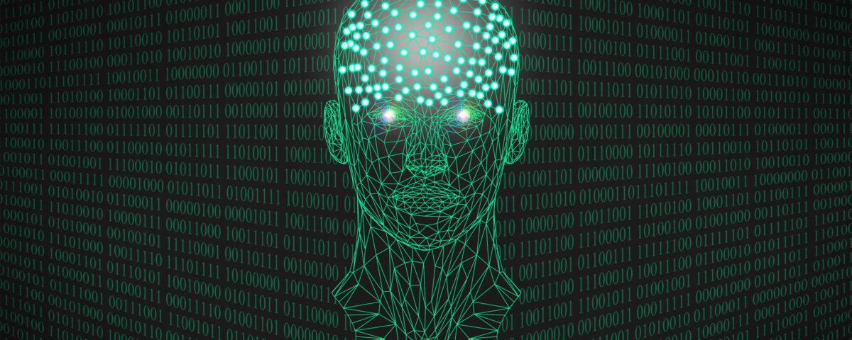 Concept art of AI showing a humanoid head made out of glowing green binary numbers on a black background.