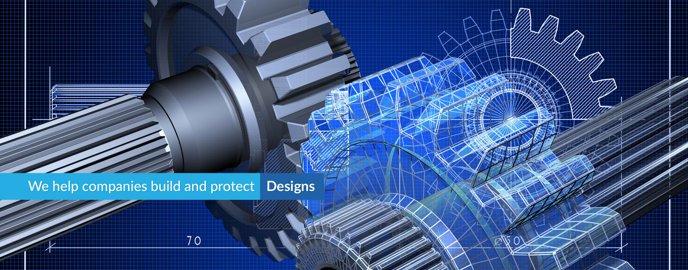 Picture of a 3D digital design for a gear with text overlay reading "We help companies build and protect Designs"