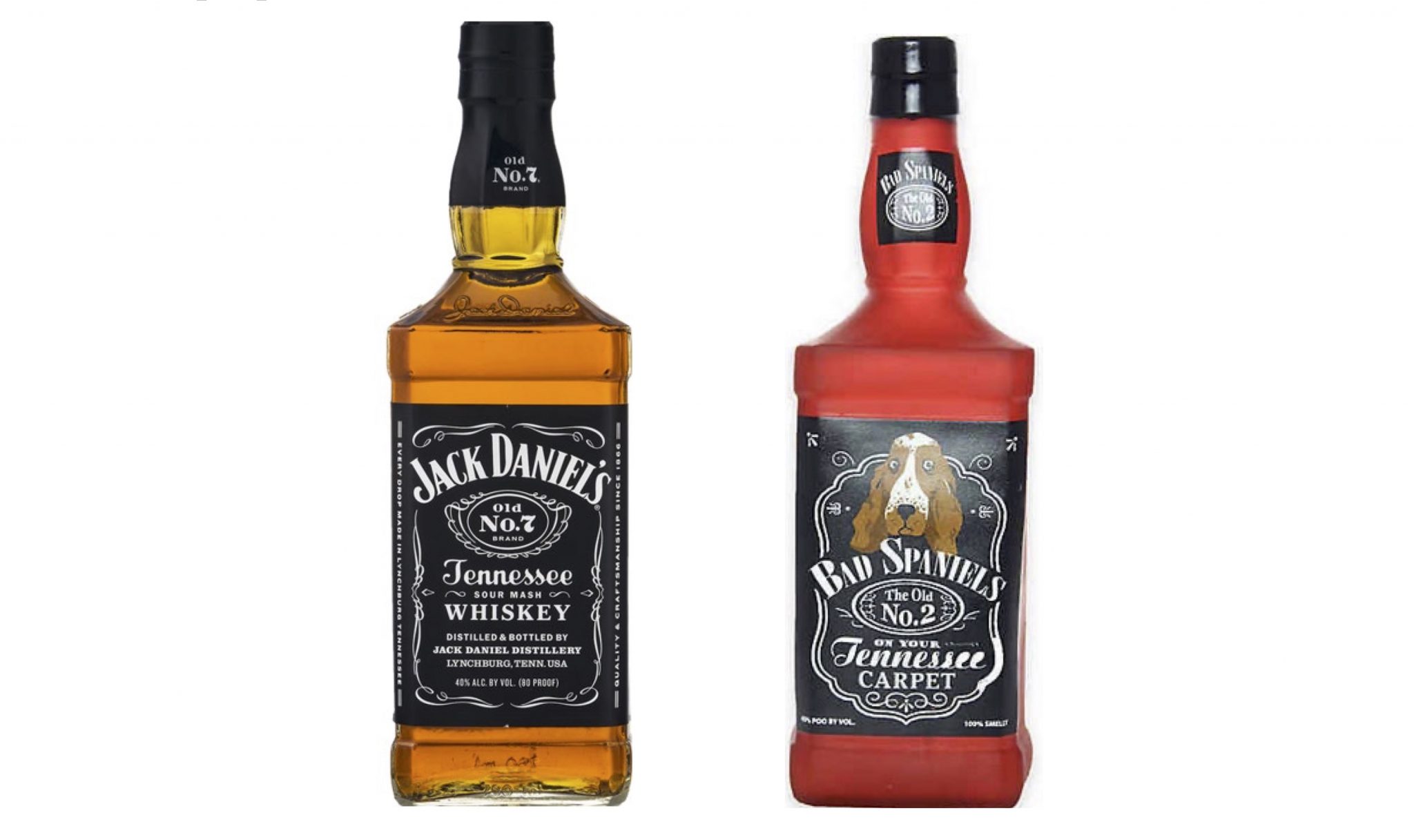 Bottle of Jack Daniels on the left and dog toy "Bad Spaniels" on the right.